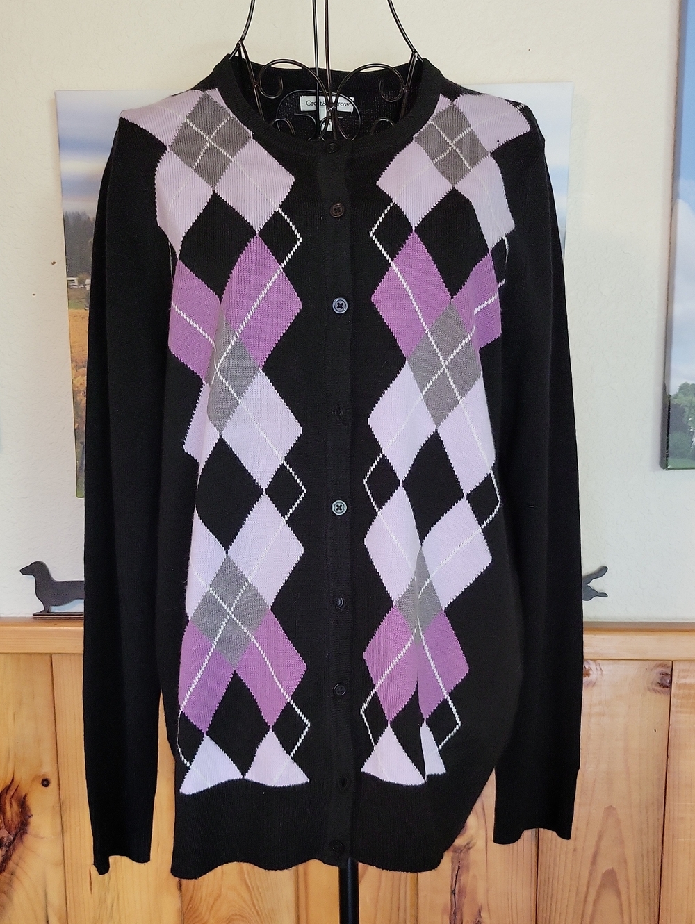 Croft & Barrow Black Cardigan with Purple and Gray Argyle